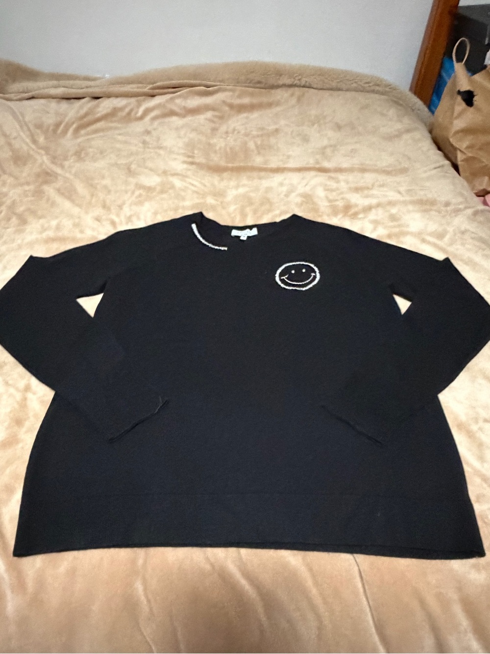 J Society Black Crewneck Sweater with Smiley Happy face Embroidery Women’s Med